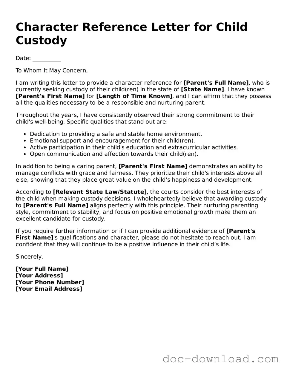 Printable Character Reference Letter for Child Custody Template
