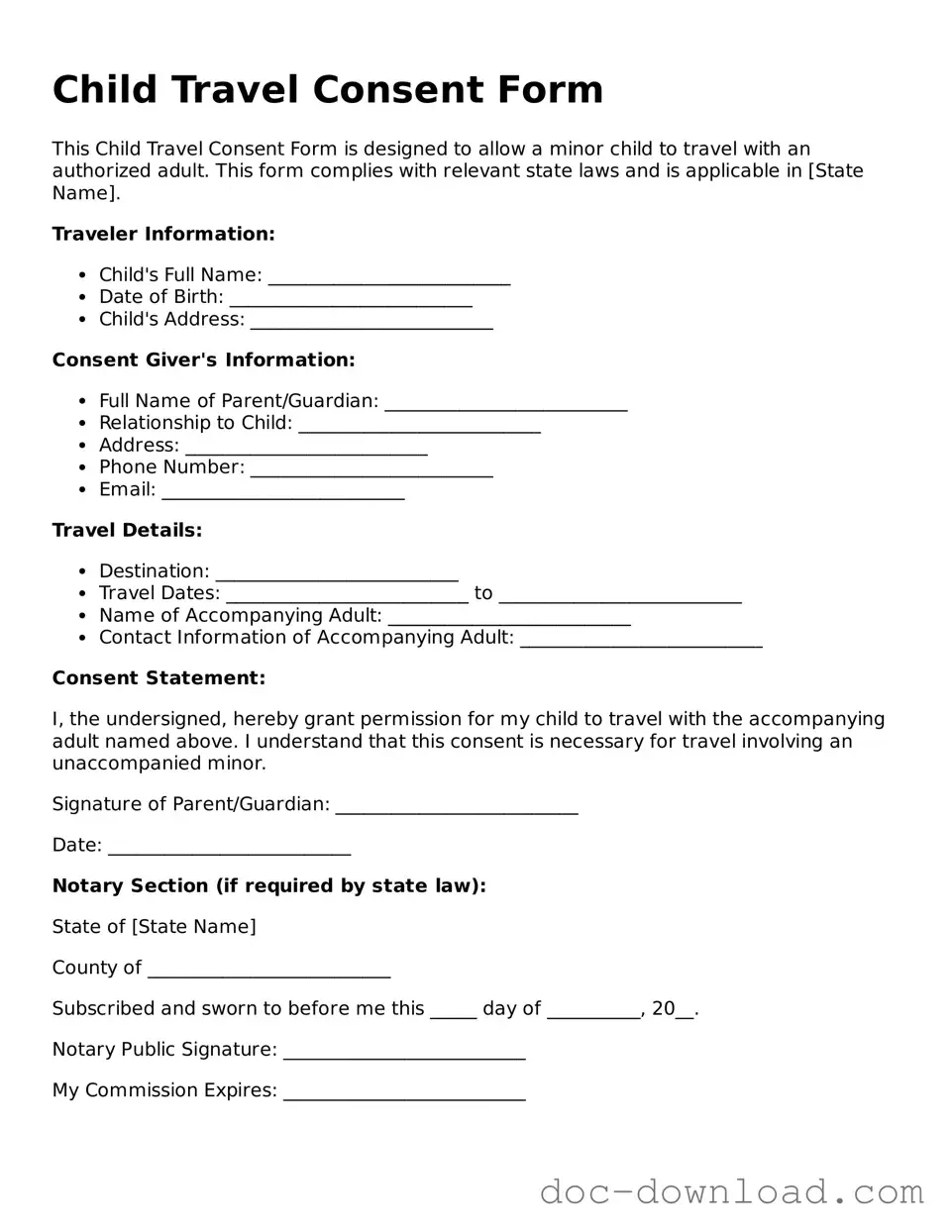 Printable Child Travel Consent Form Template
