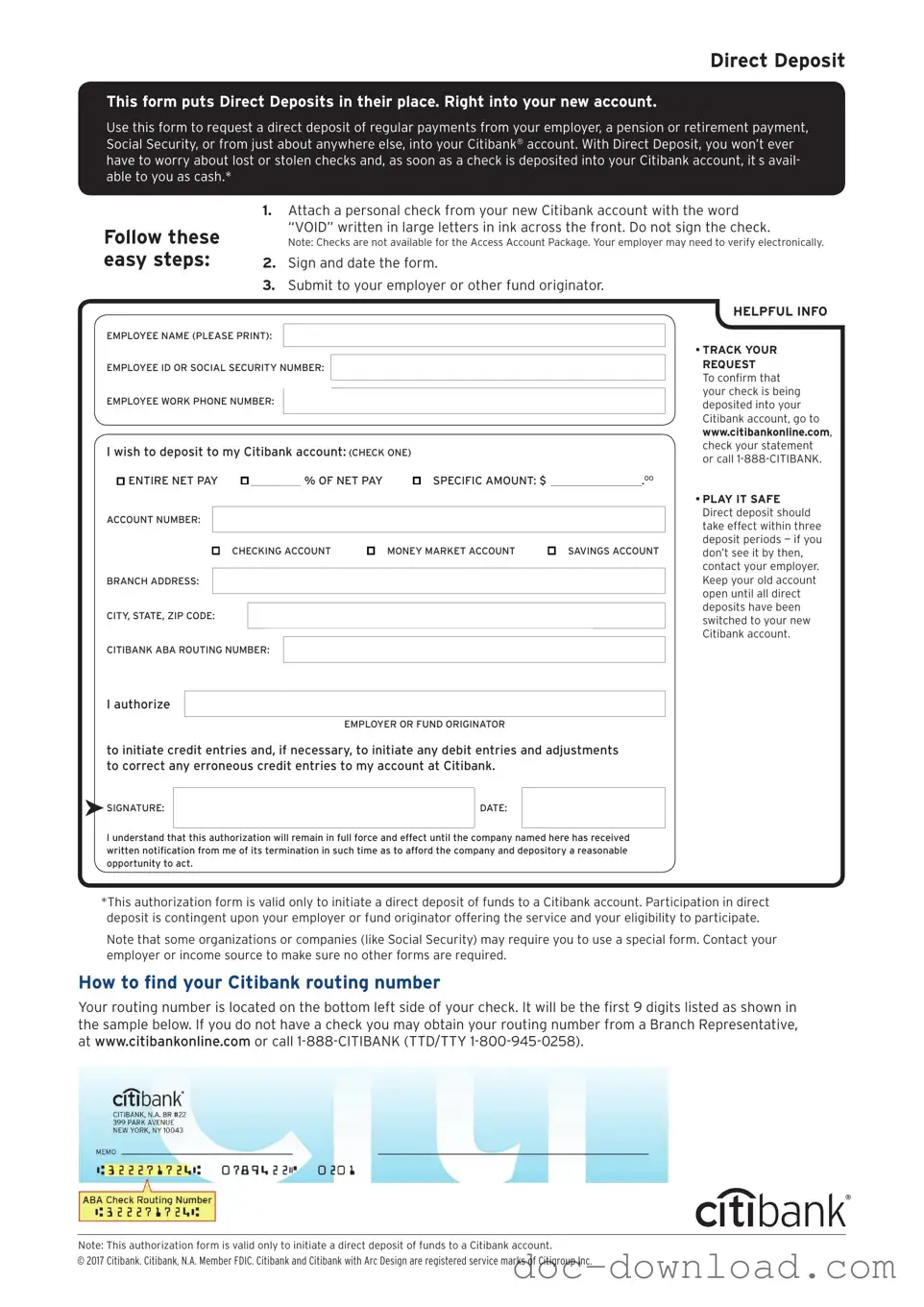 Fill Out Your Citibank Direct Deposit Template
