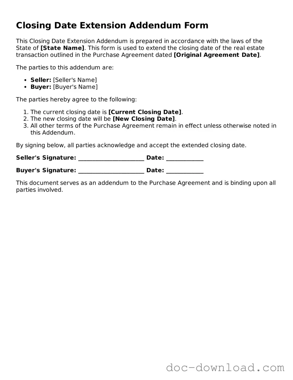 Printable Closing Date Extension Addendum Form Template