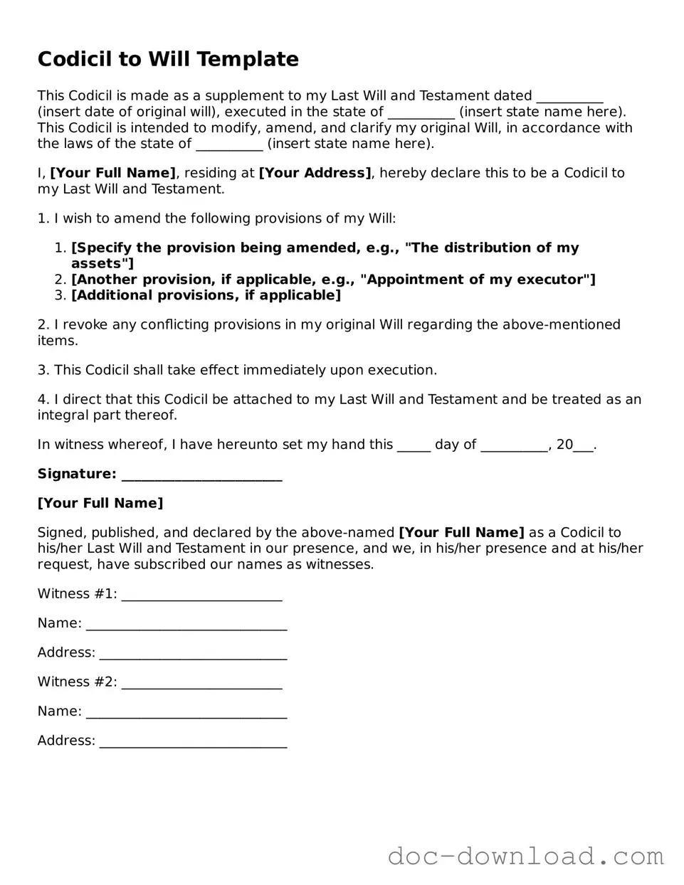 Printable Codicil to Will Template