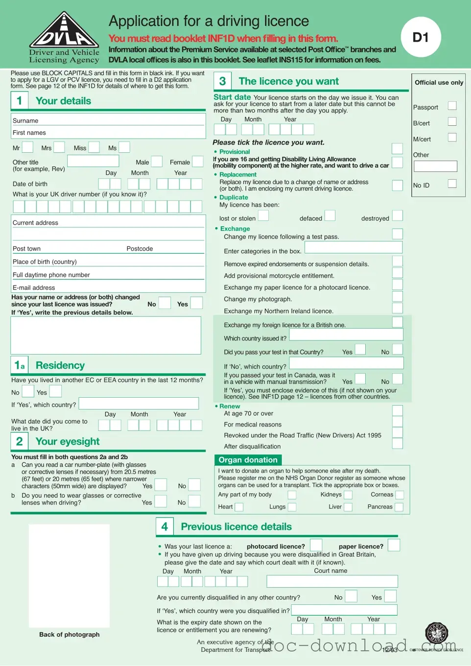 Fill Out Your D1 Dvla Template