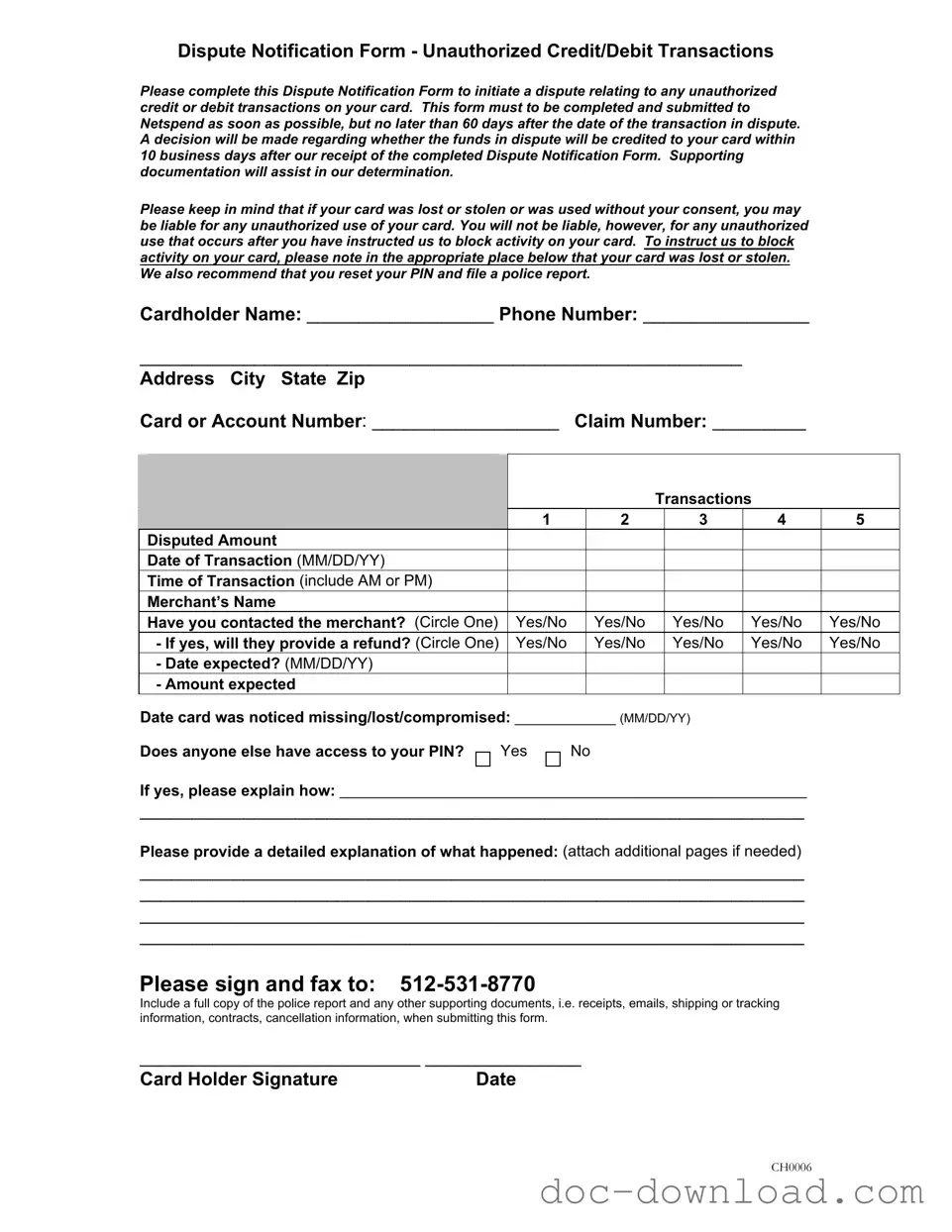 Fill Out Your Netspend Dispute Template