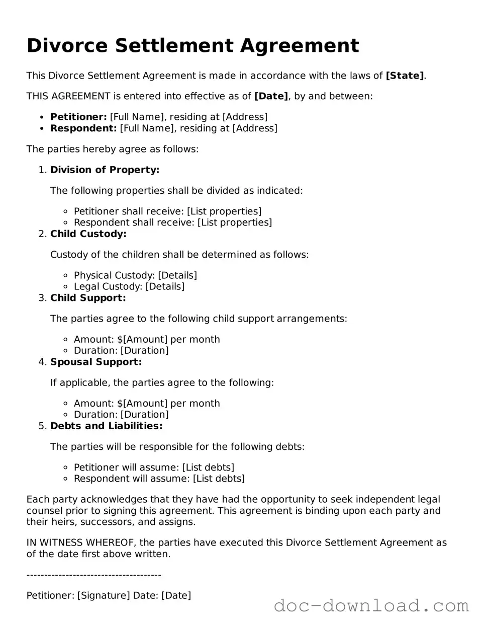 Printable Divorce Settlement Agreement Template