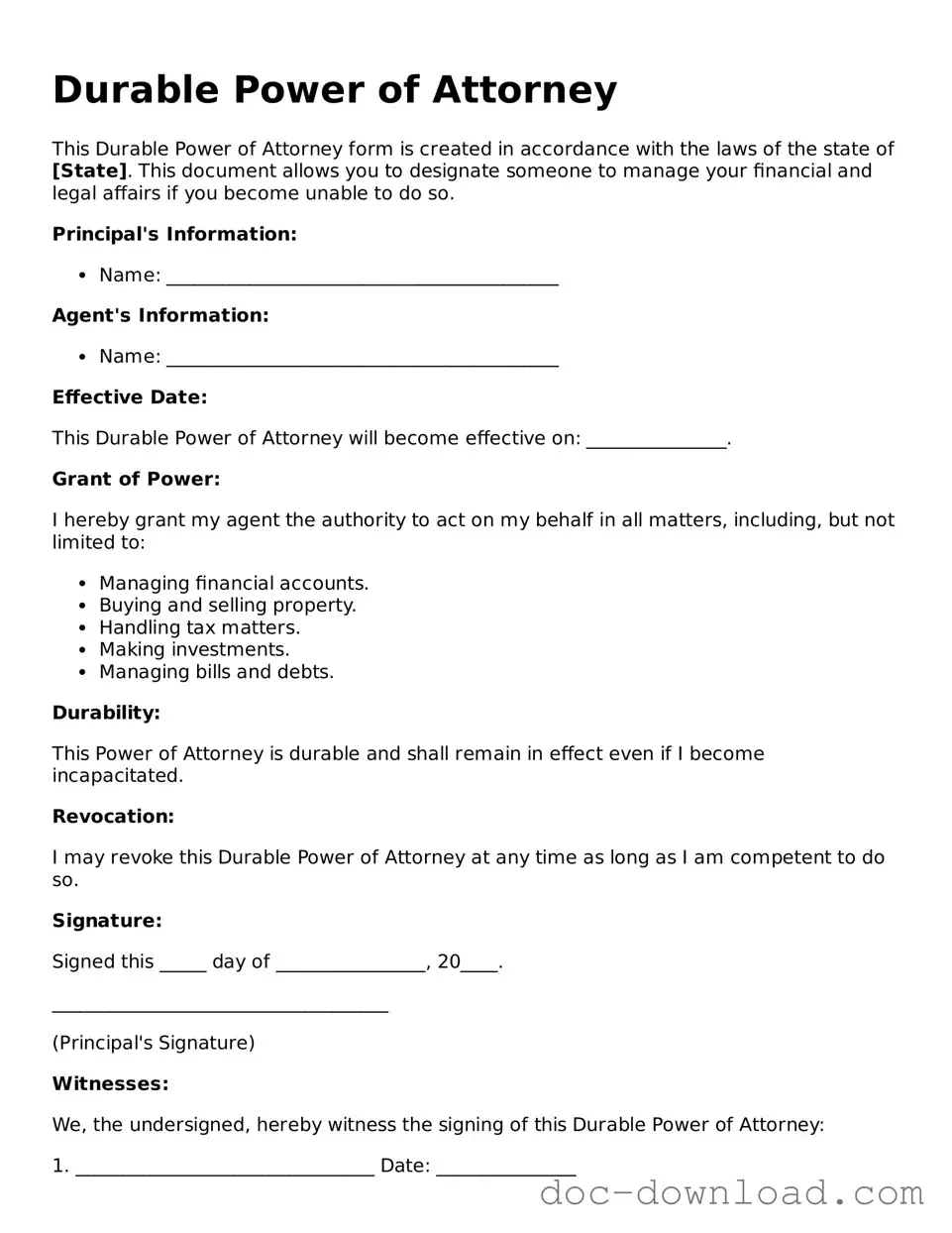 Printable Durable Power of Attorney Template