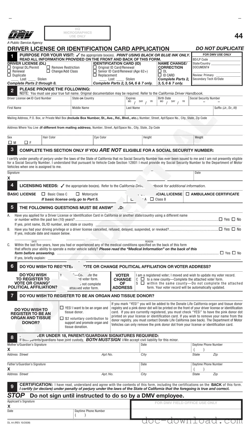 Fill Out Your Ca Dmv Dl 44 Template