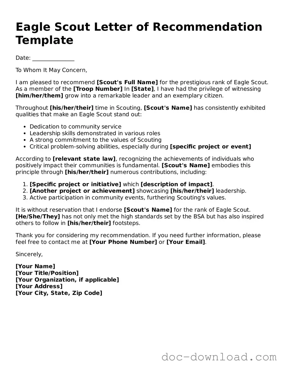 Printable Eagle Scout Letter of Recommendation Template