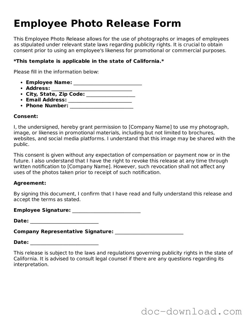 Printable Employee Photo Release Template