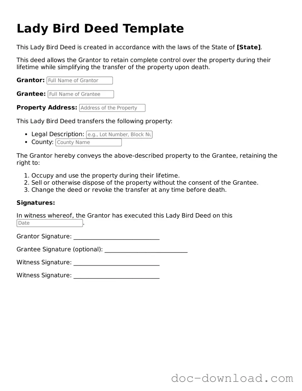 Printable Lady Bird Deed Template