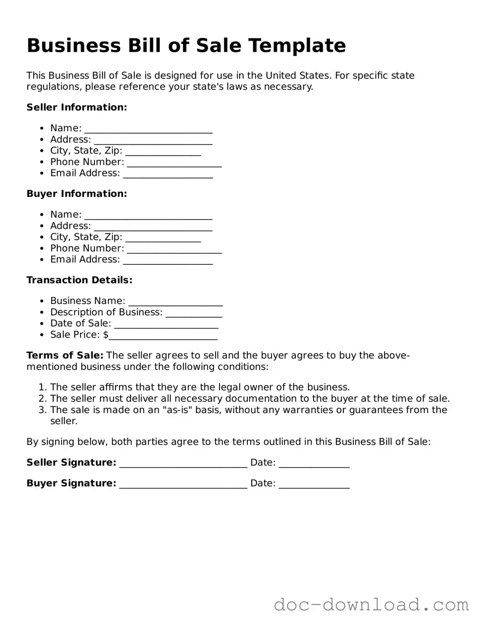 Printable Business Bill of Sale Template