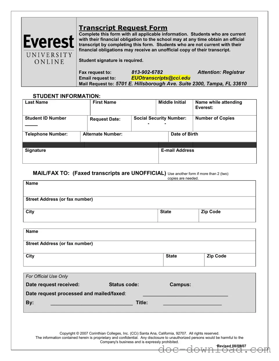 Fill Out Your Everest University Transcript Template