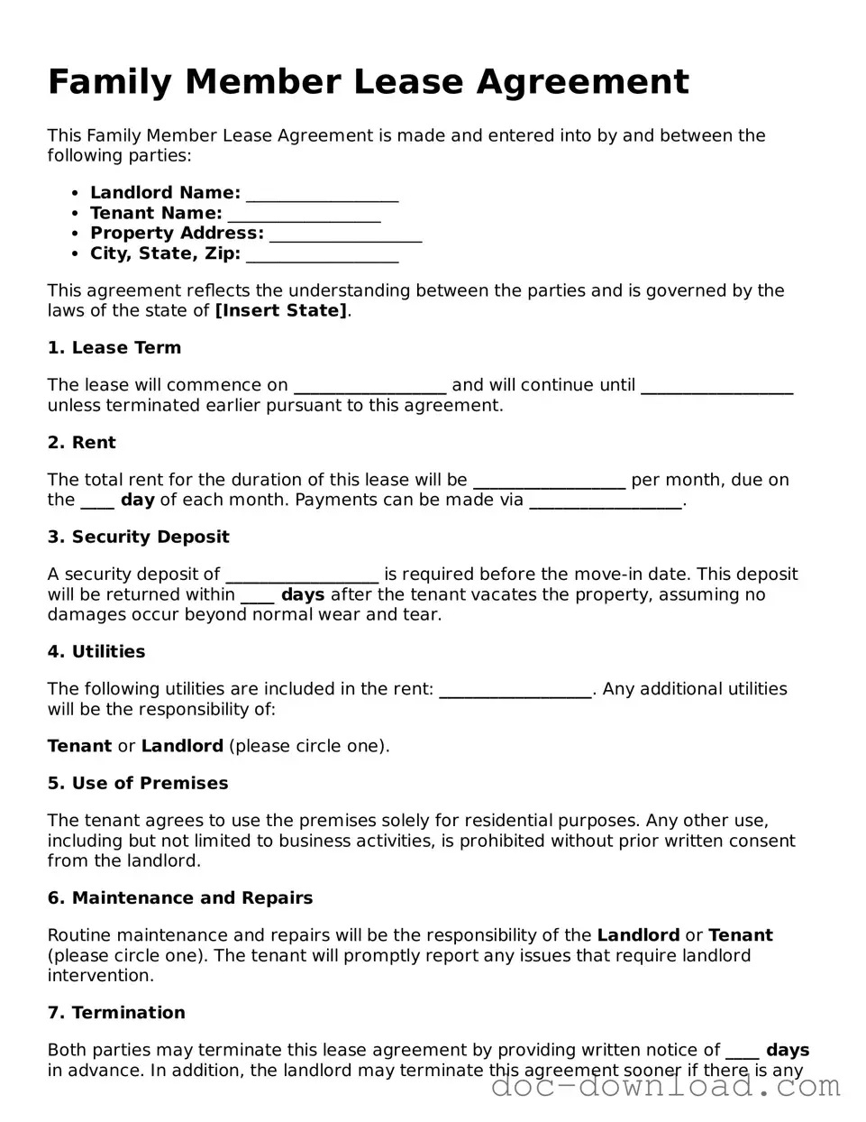 Printable Family Member Lease Agreement Template
