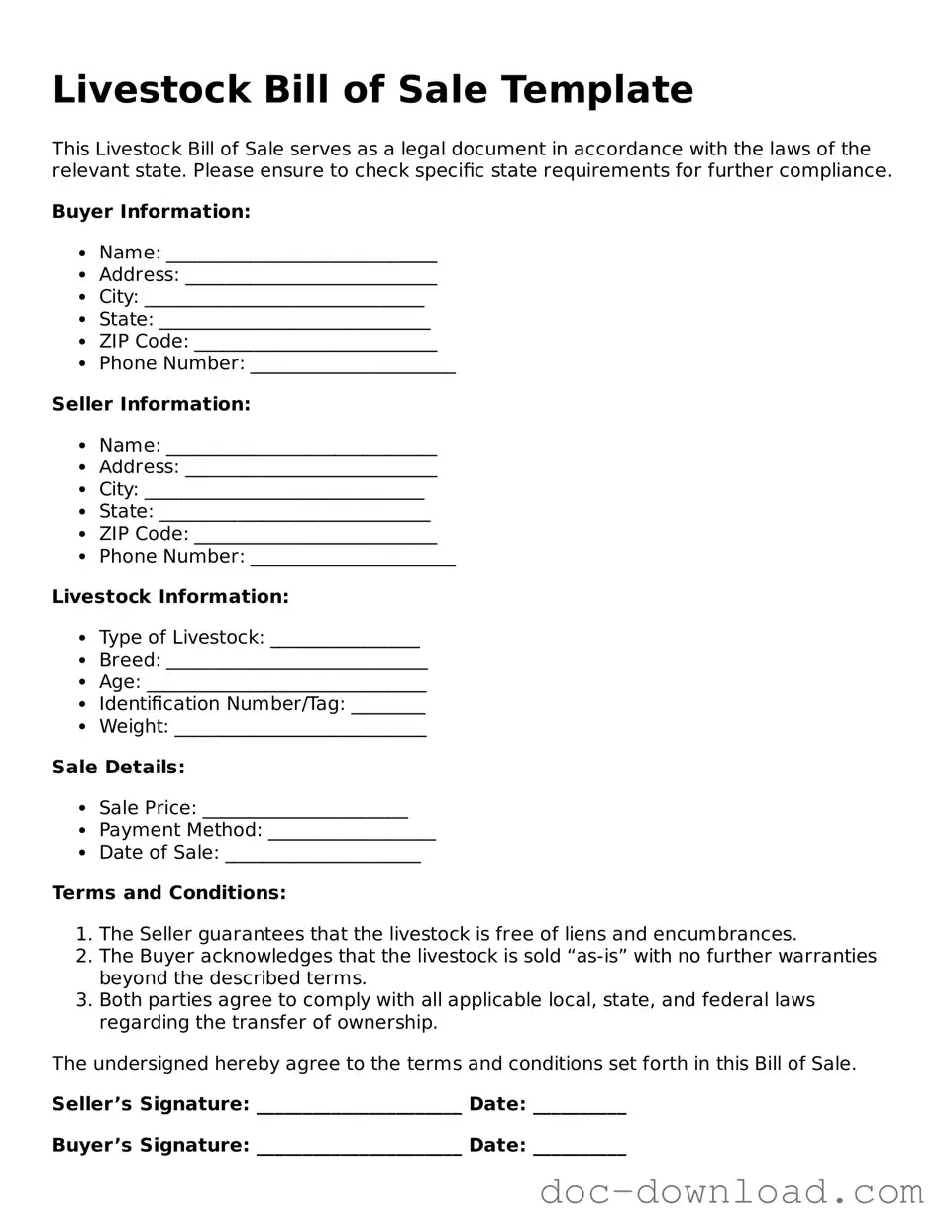 Printable Livestock Bill of Sale Template