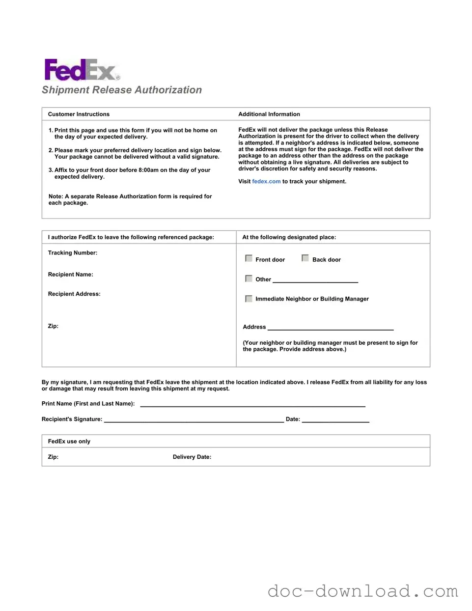 Fill Out Your Fedex Release Template