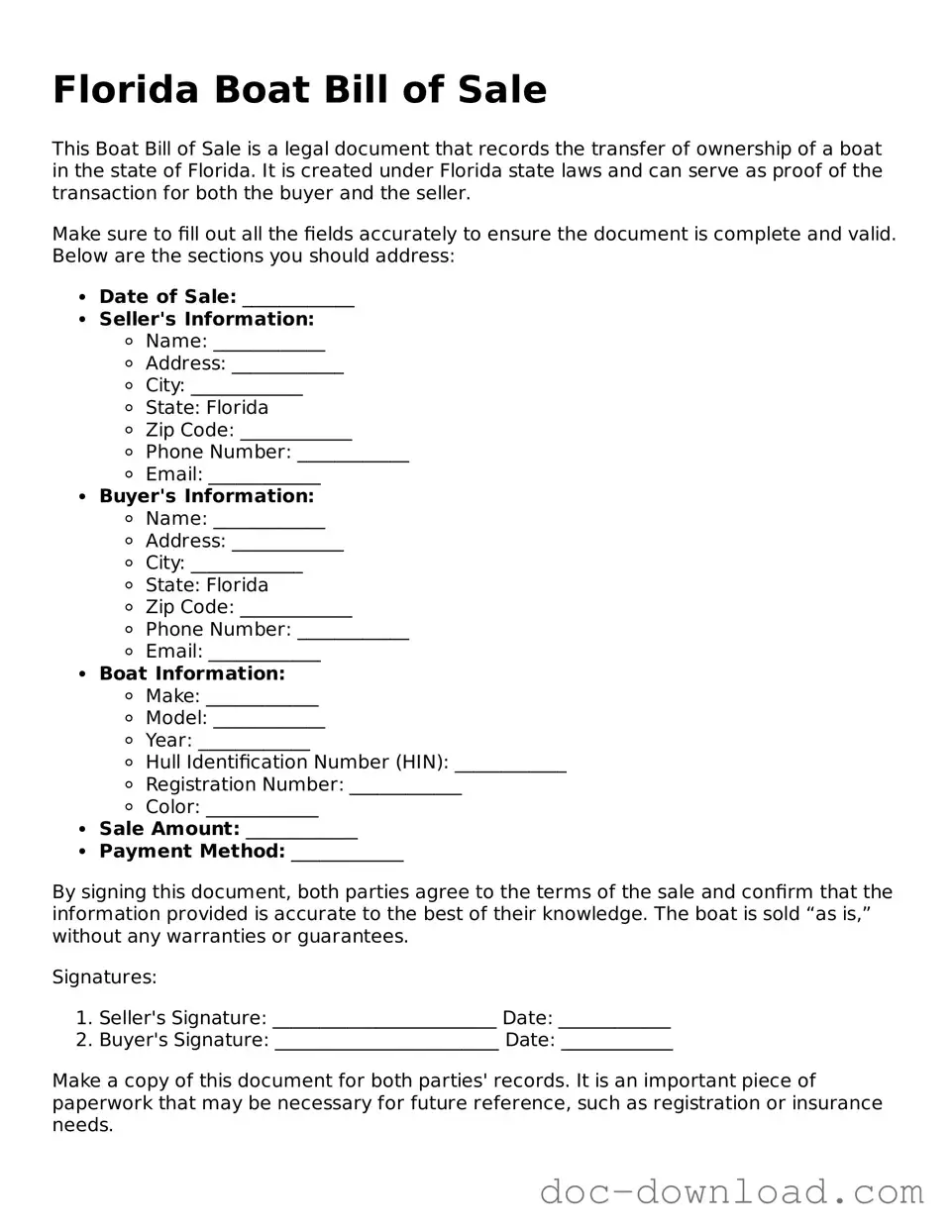 Blank  Boat Bill of Sale Document for Florida