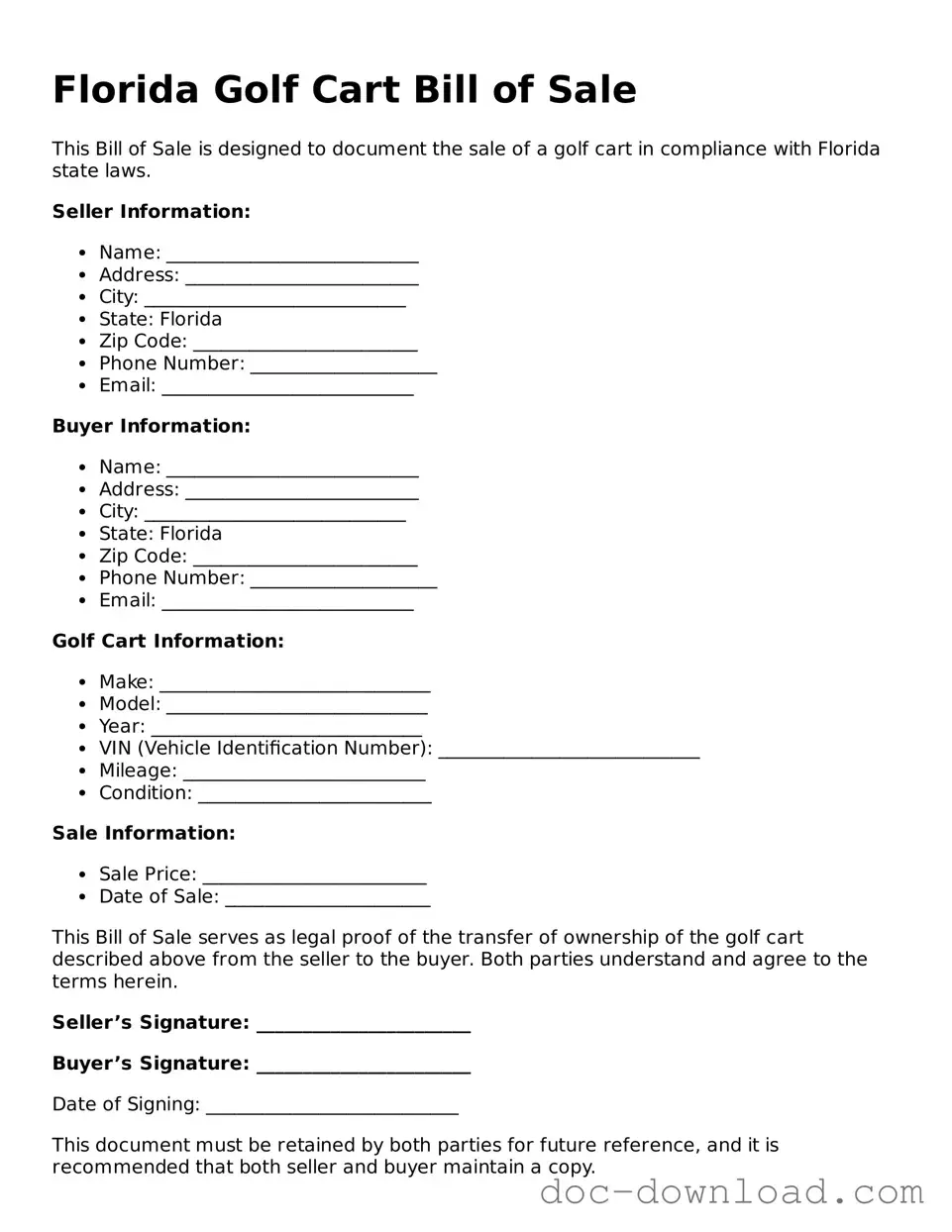 Blank  Golf Cart Bill of Sale Document for Florida