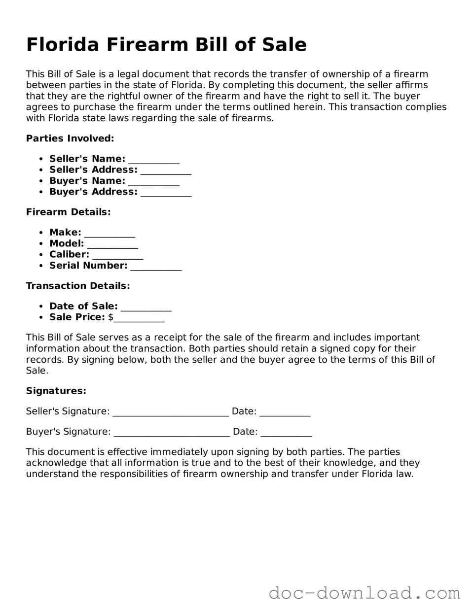 Blank  Firearm Bill of Sale Document for Florida
