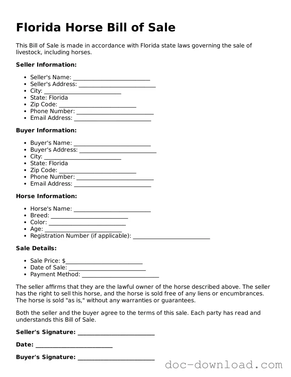 Blank  Horse Bill of Sale Document for Florida