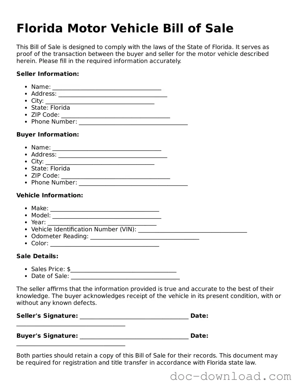 Blank  Motor Vehicle Bill of Sale Document for Florida