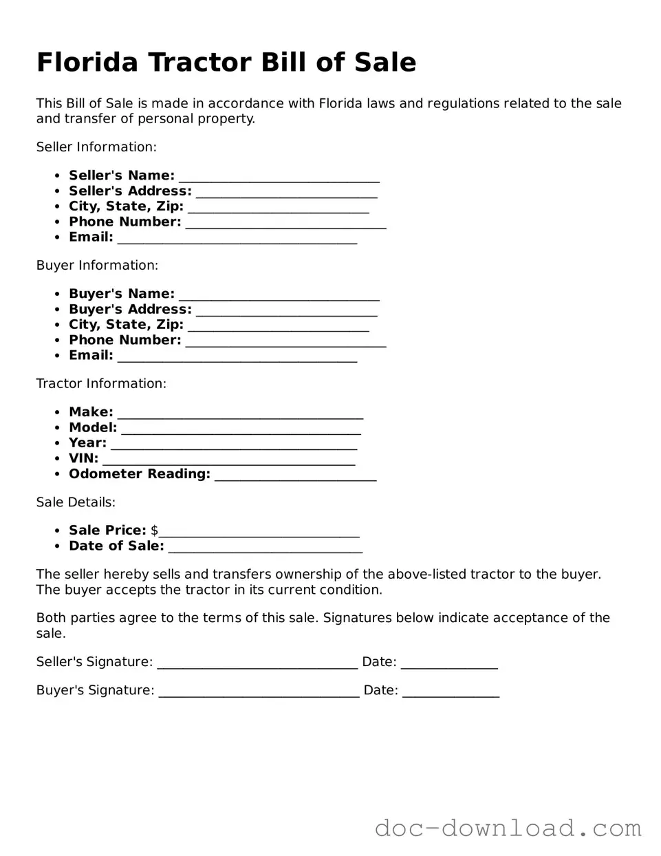 Blank  Tractor Bill of Sale Document for Florida