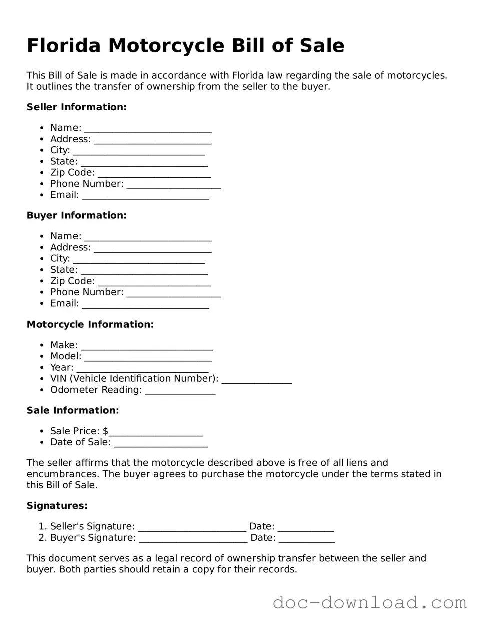 Blank Motorcycle Bill of Sale Document for Florida