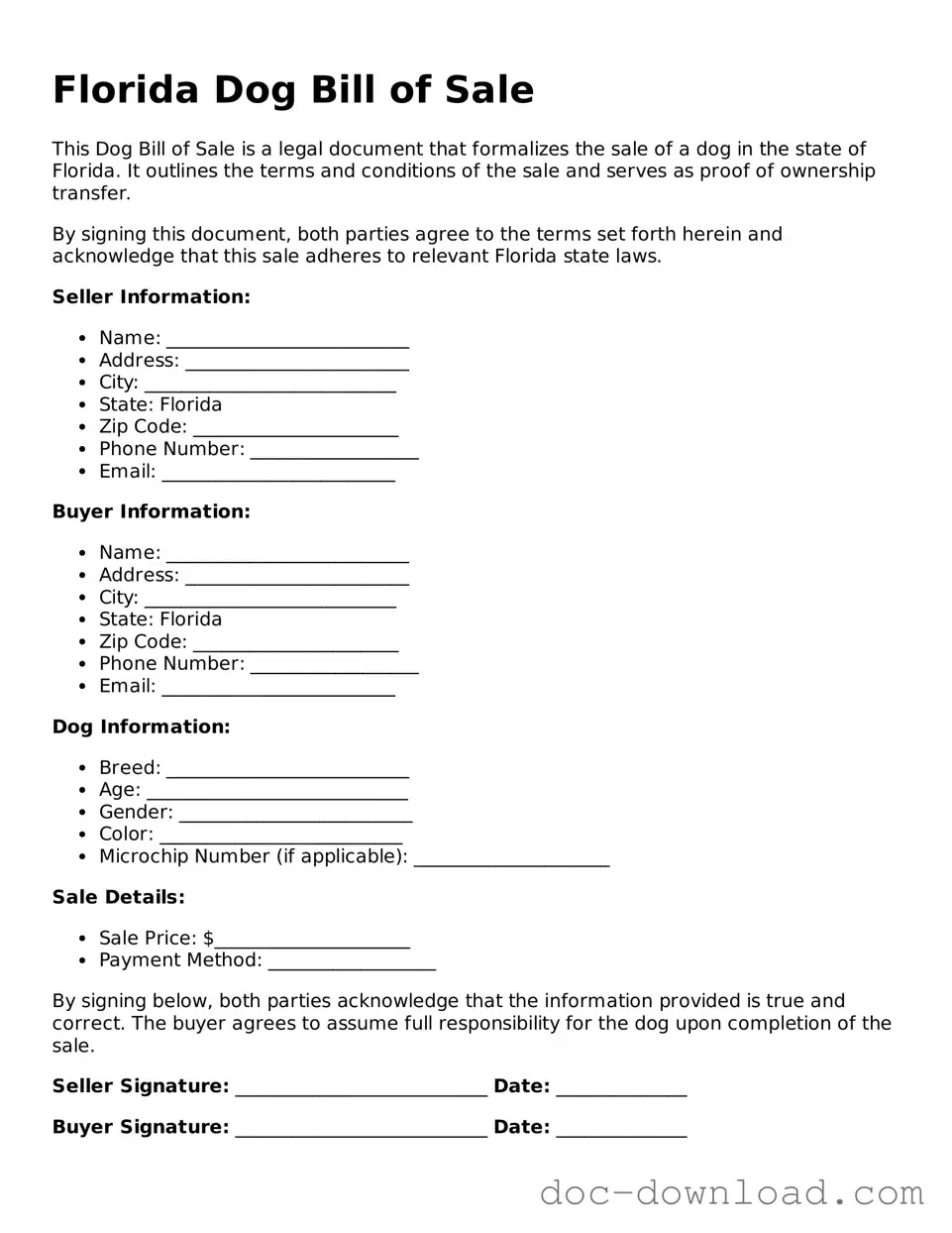 Blank  Dog Bill of Sale Document for Florida