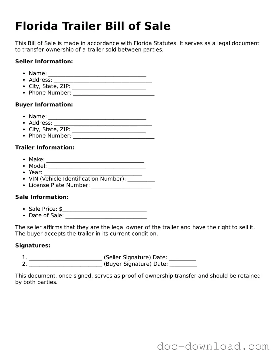 Blank  Trailer Bill of Sale Document for Florida