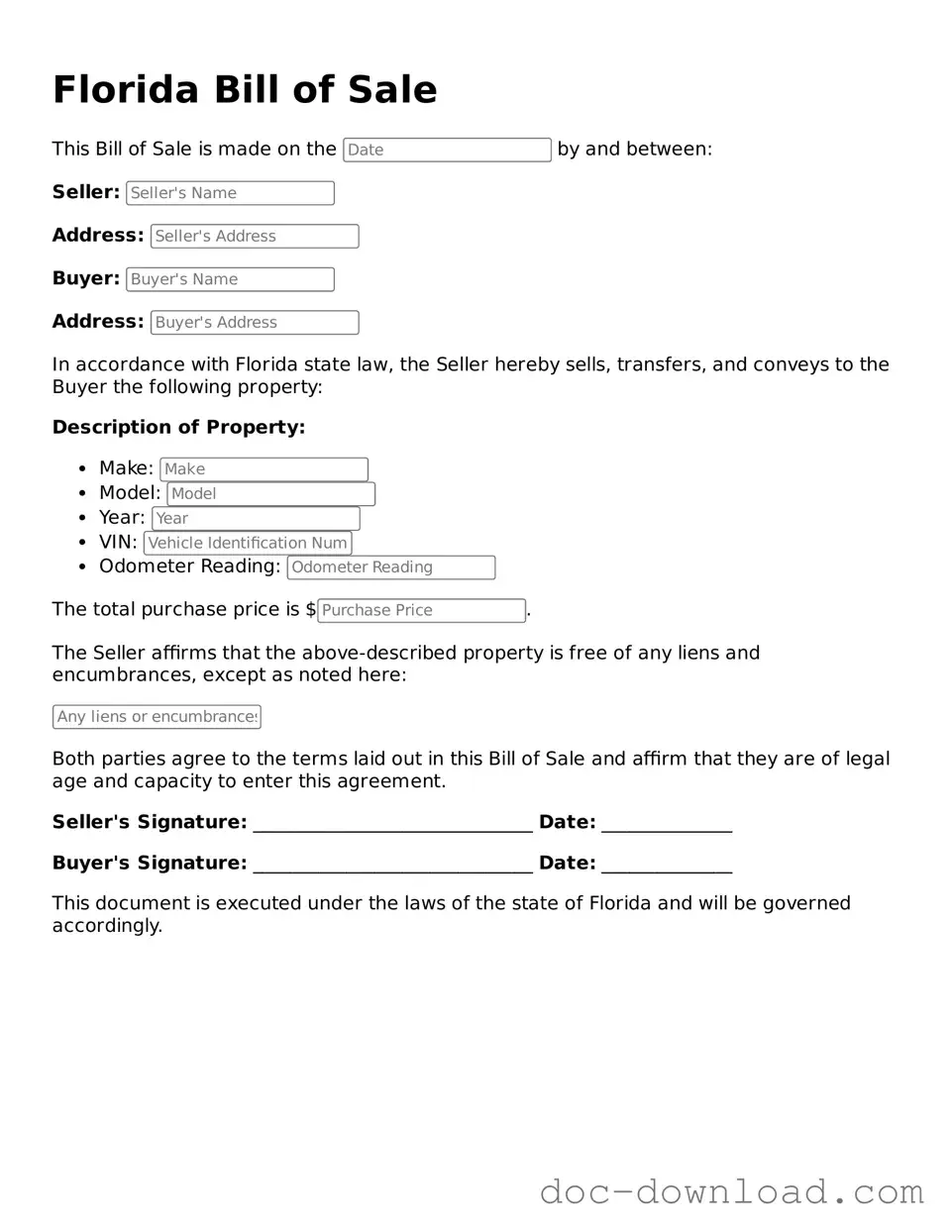Blank Bill of Sale Document for Florida