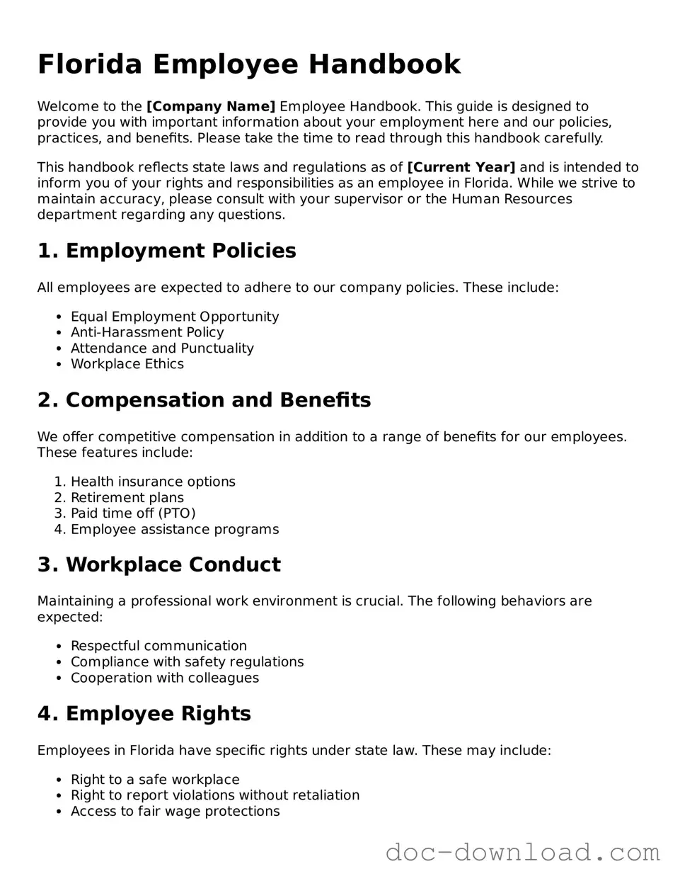 Blank  Employee Handbook Document for Florida