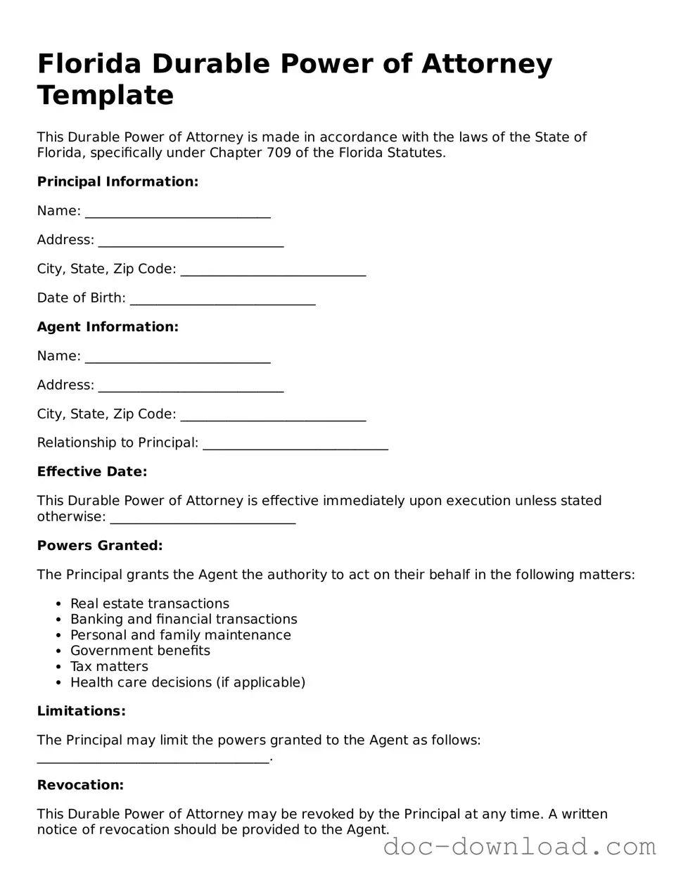 Blank  Durable Power of Attorney Document for Florida