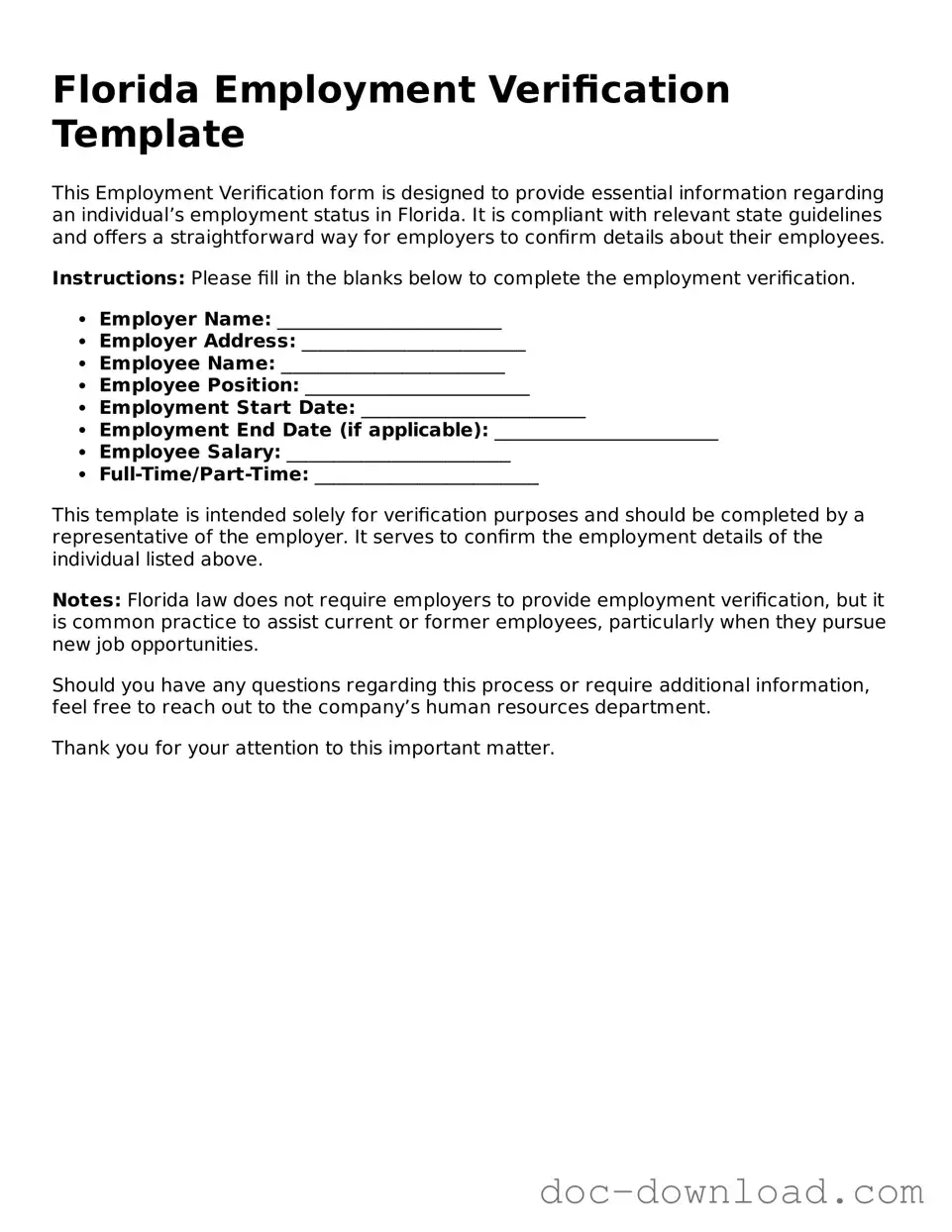 Blank  Employment Verification Document for Florida