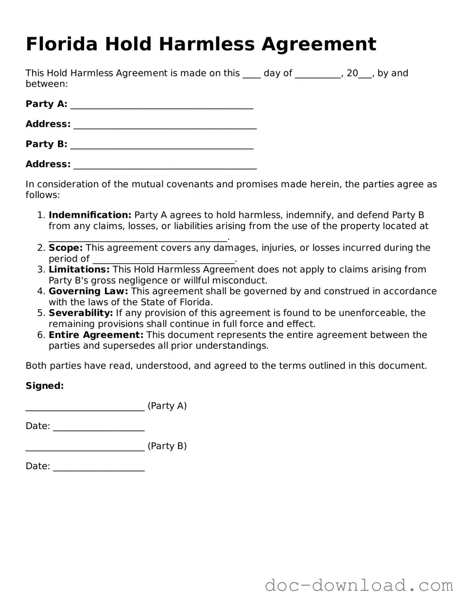 Blank  Hold Harmless Agreement Document for Florida