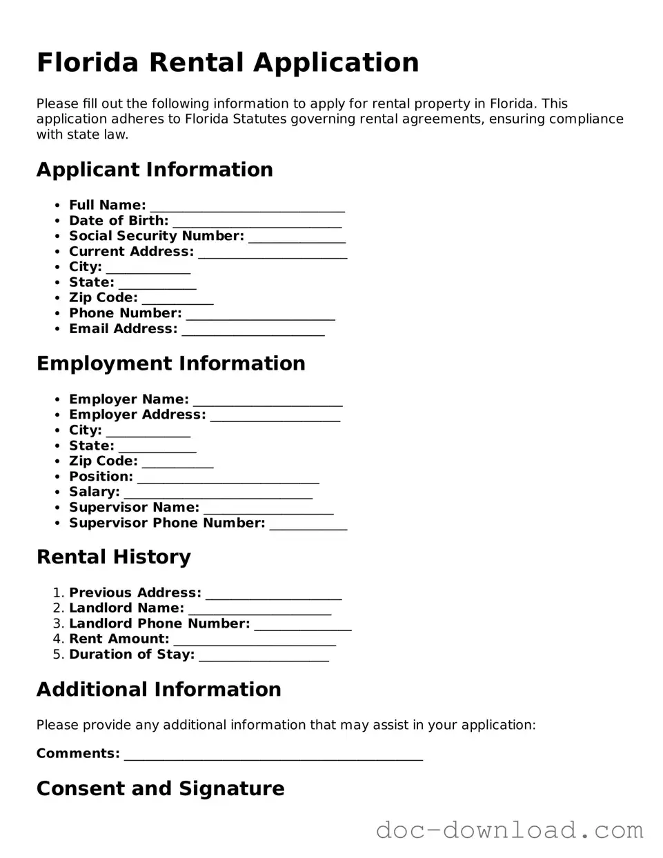 Blank  Rental Application Document for Florida