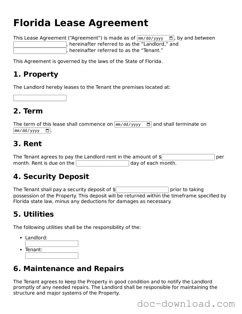 Blank  Lease Agreement Document for Florida