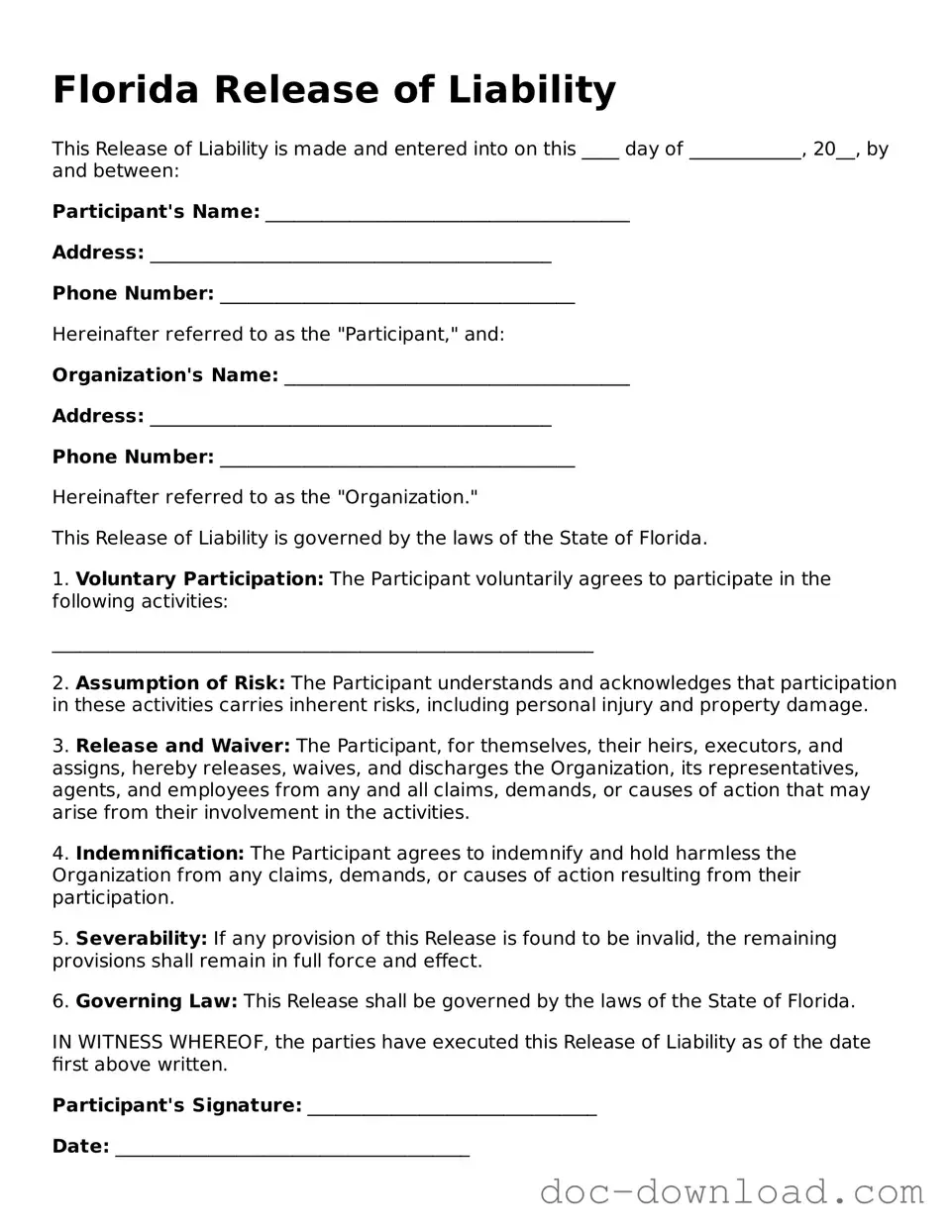 Blank  Release of Liability Document for Florida