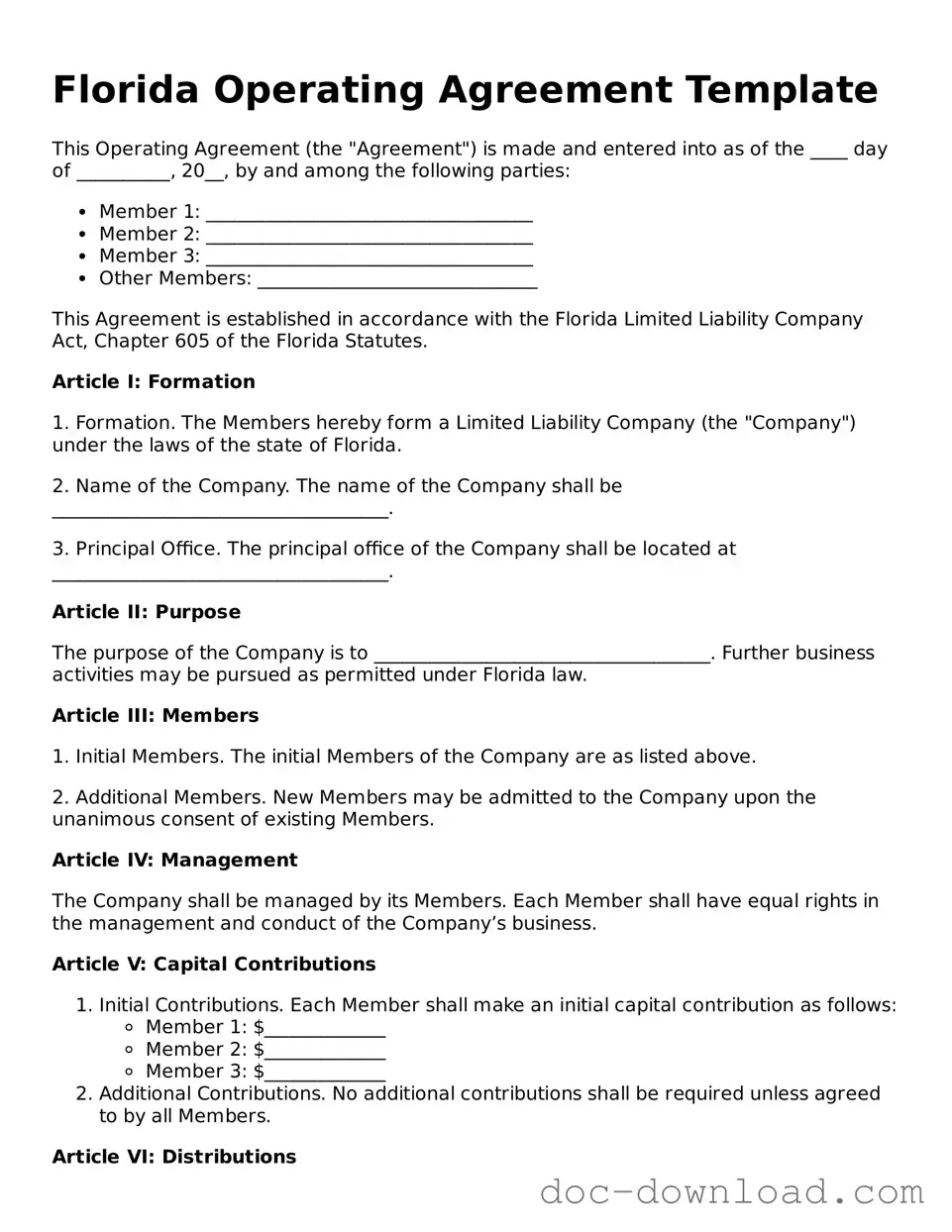 Blank  Operating Agreement Document for Florida