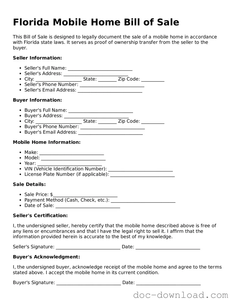 Blank  Mobile Home Bill of Sale Document for Florida