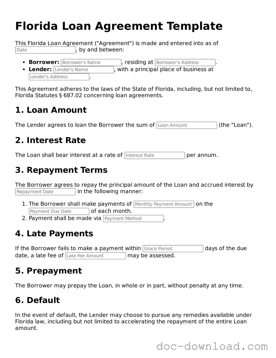 Blank  Loan Agreement Document for Florida