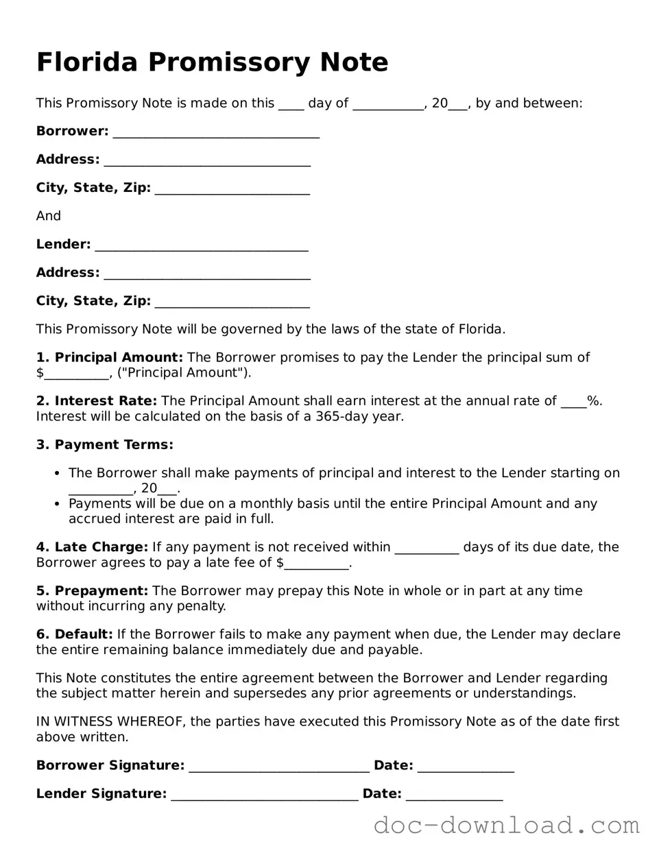 Blank  Promissory Note Document for Florida