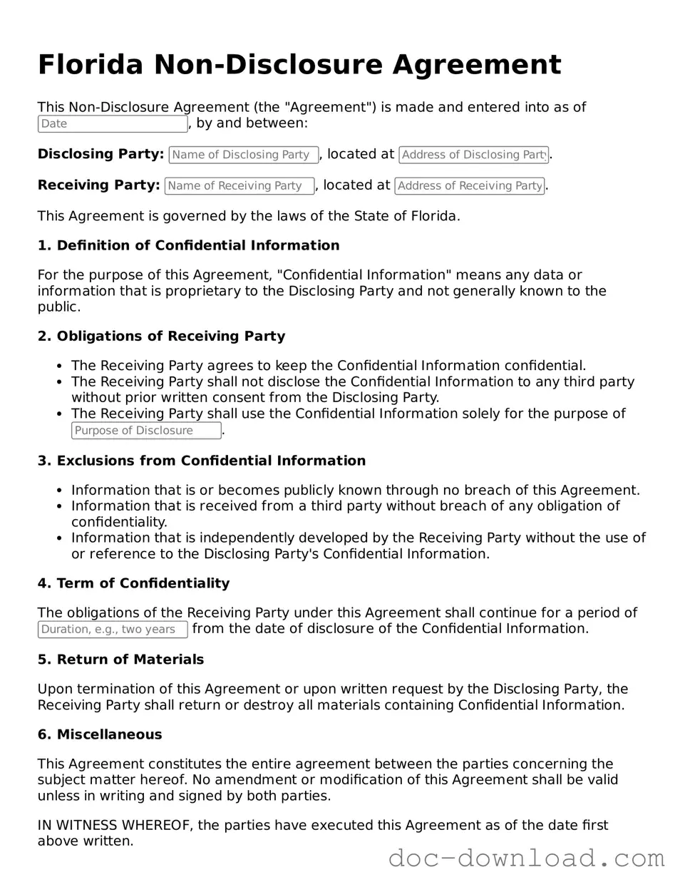 Blank Non-disclosure Agreement Document for Florida