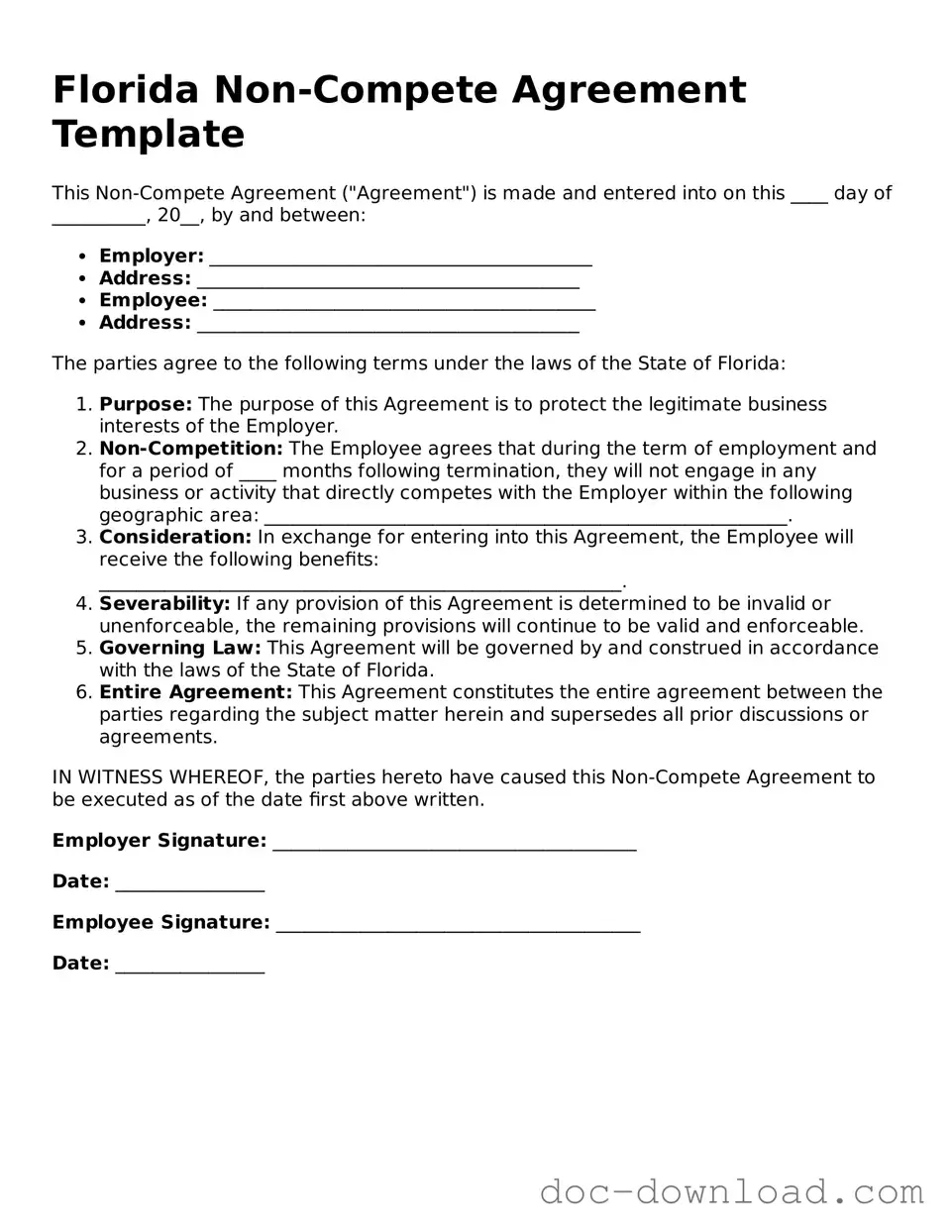 Blank  Non-compete Agreement Document for Florida