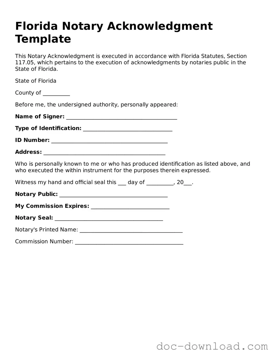 Blank  Notary Acknowledgement Document for Florida
