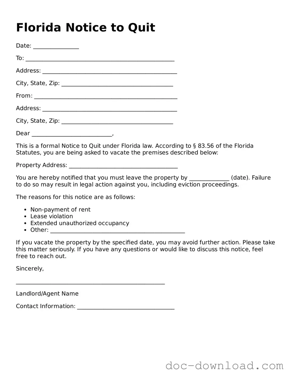 Blank  Notice to Quit Document for Florida