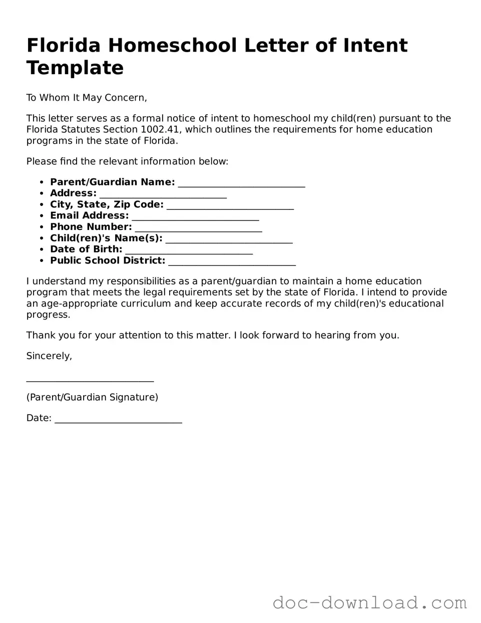 Blank  Homeschool Letter of Intent Document for Florida