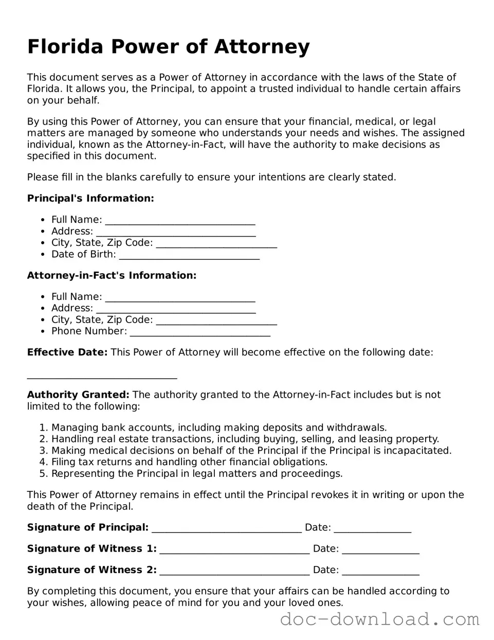 Blank  Power of Attorney Document for Florida