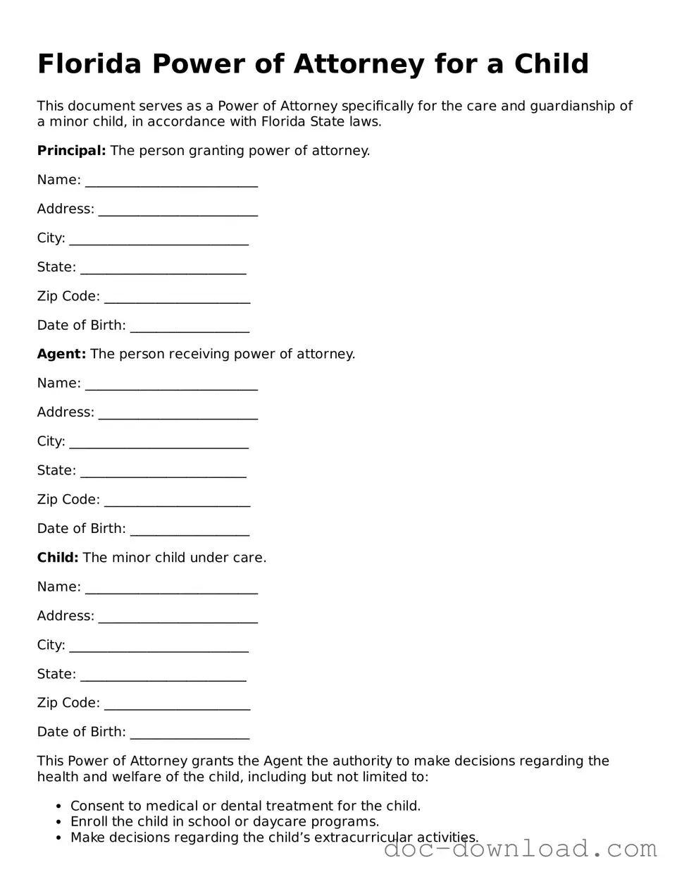 Blank  Power of Attorney for a Child Document for Florida