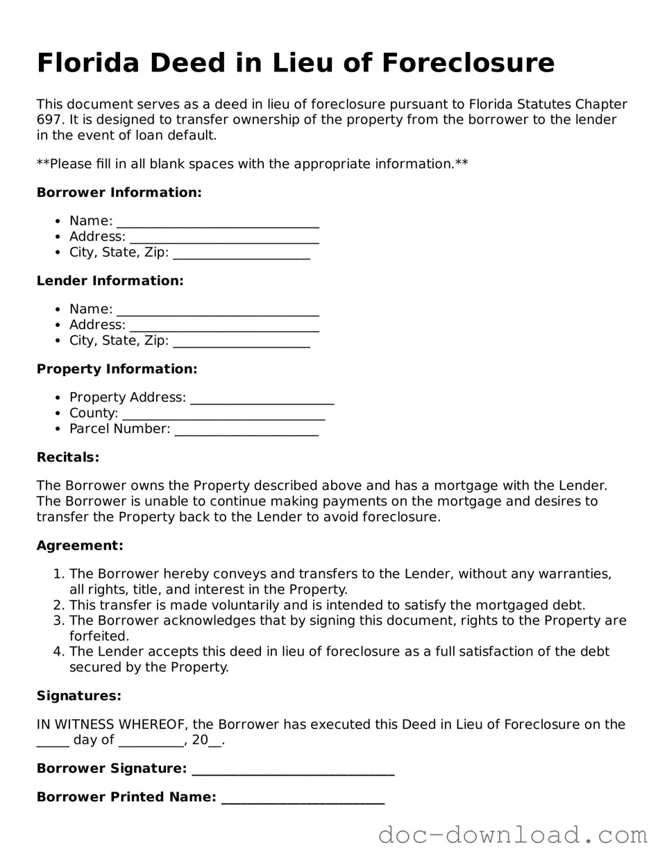 Blank  Deed in Lieu of Foreclosure Document for Florida