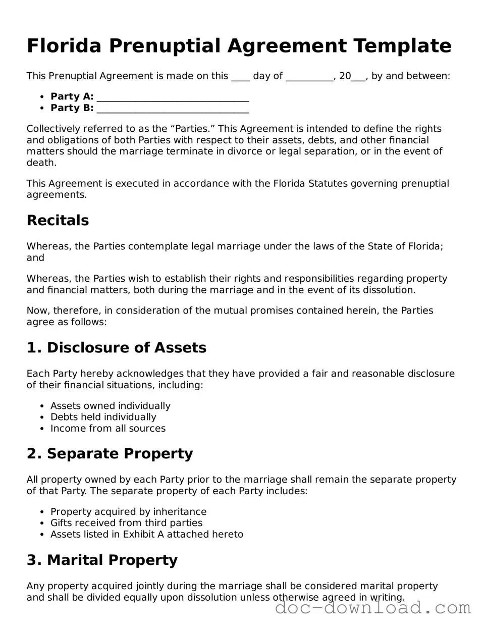Blank  Prenuptial Agreement Document for Florida