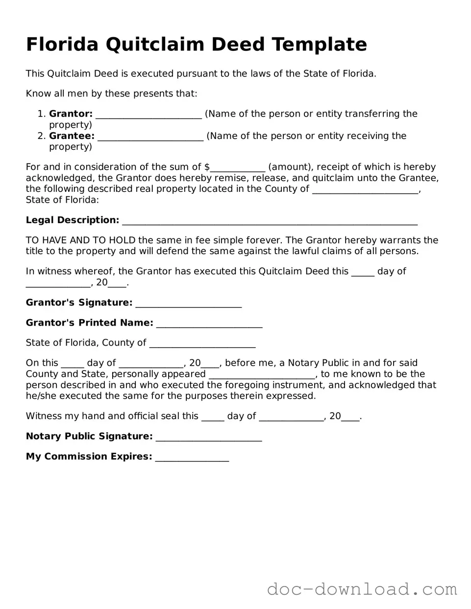 Blank  Quitclaim Deed Document for Florida