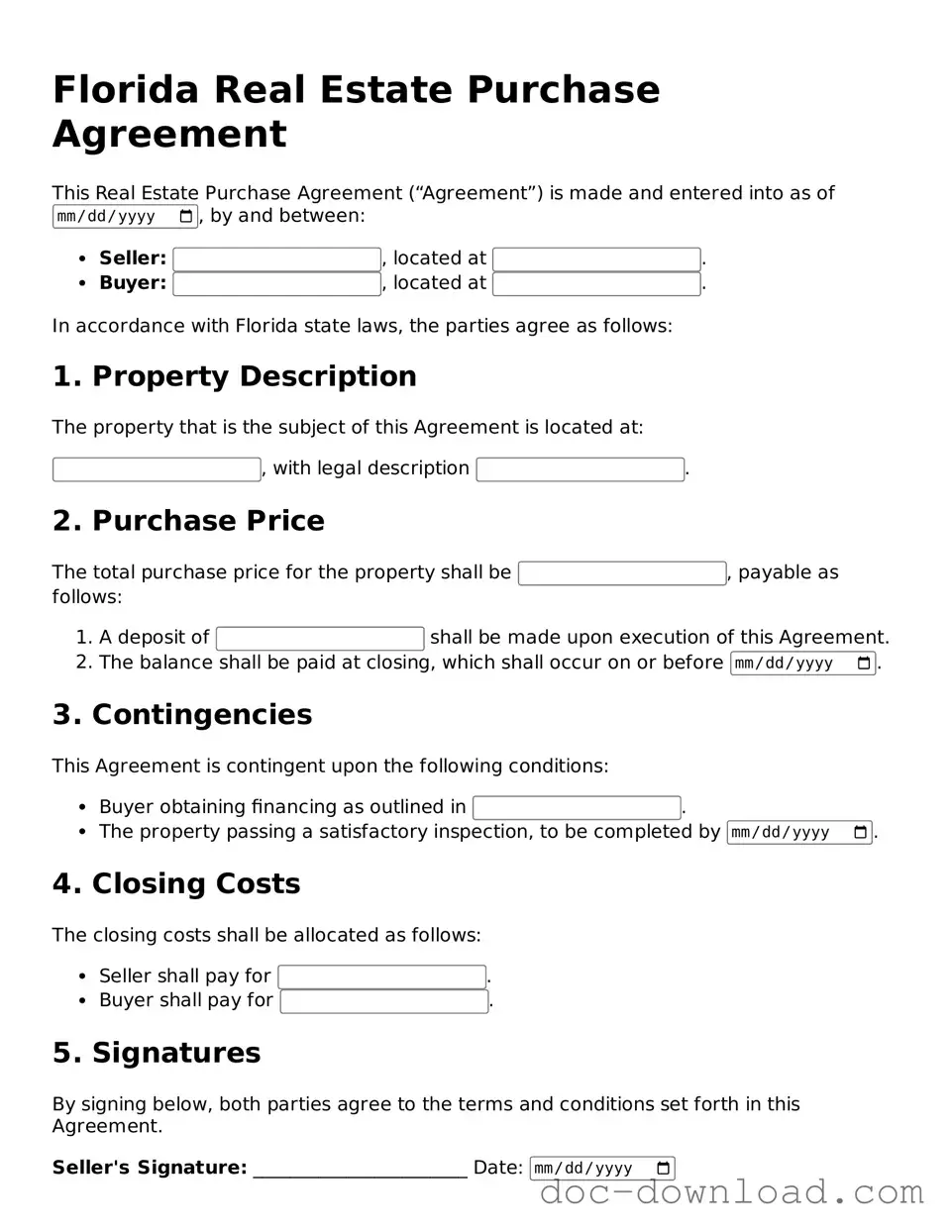 Blank  Real Estate Purchase Agreement Document for Florida
